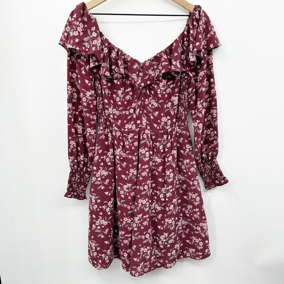 Rebecca Taylor Tilda Floral 100% Silk Ruffle Dress in Burgundy Size 6 - Picture 2 of 14
